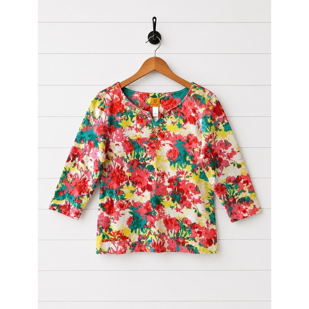 Ruby‎ Rd Floral Rhinestone Neck Top Size Medium 3/4 Sleeve Colorful Blouse